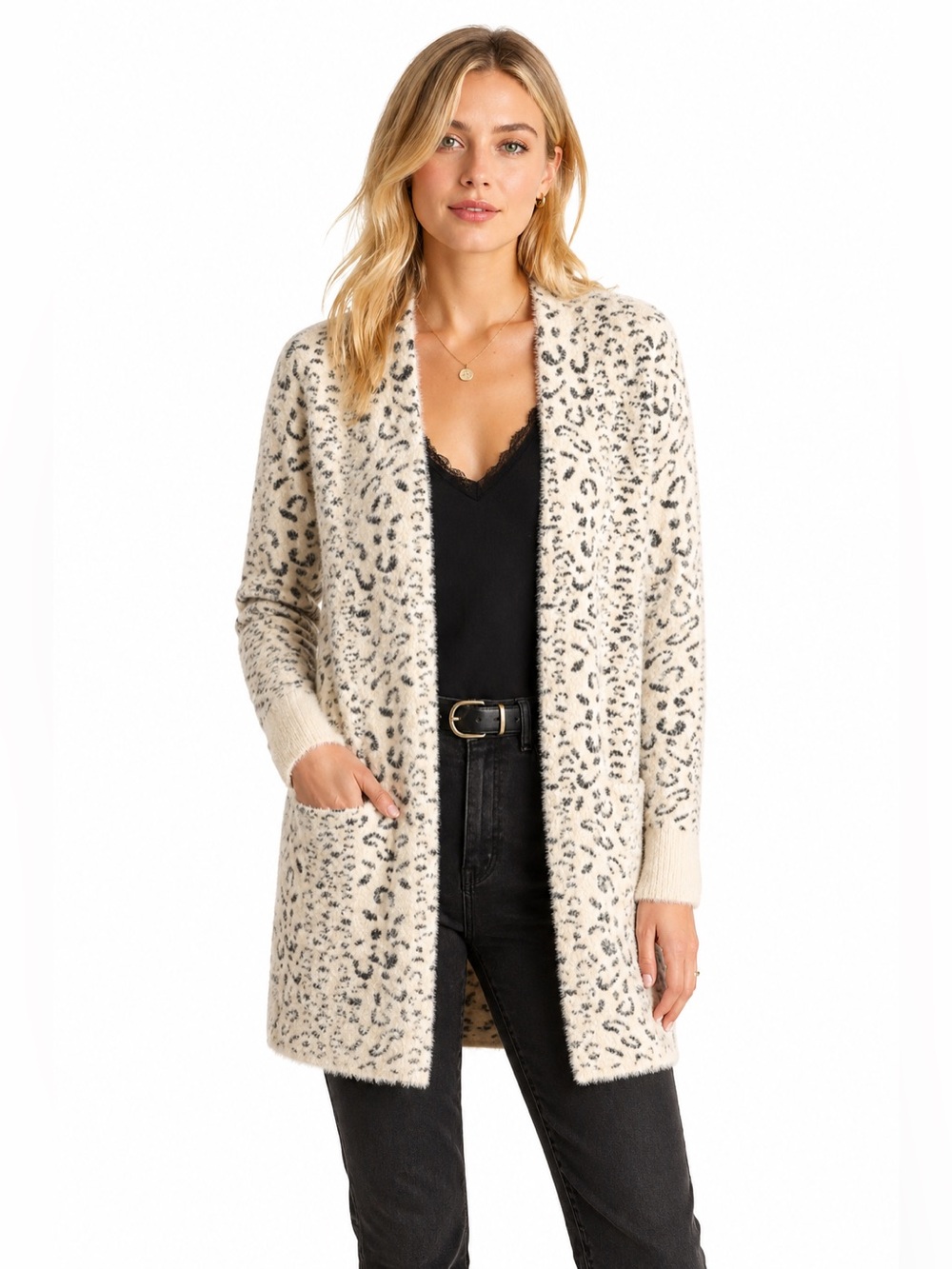 Evolution by Cyrus Fuzzy Leopard Open Cardigan Cream Black Soft Cozy Sweater S